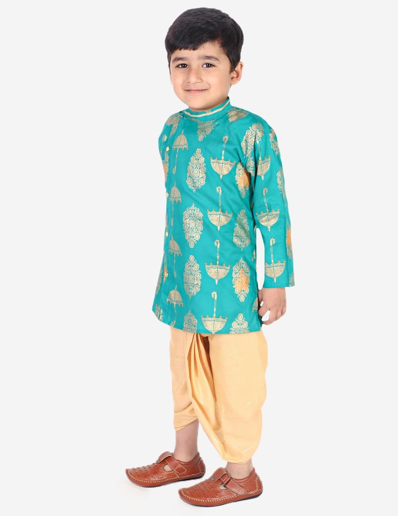 superminis Boy's Golden Foil Printed Side Open Cotton Kurta, Round Collar, Full Sleeves With Cream Color Dhoti, Kurta Set (Green, 12-18 Months) - Image 4