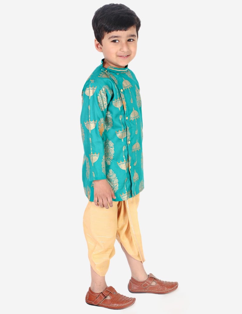 superminis Boy's Golden Foil Printed Side Open Cotton Kurta, Round Collar, Full Sleeves With Cream Color Dhoti, Kurta Set (Green, 12-18 Months) - Image 5