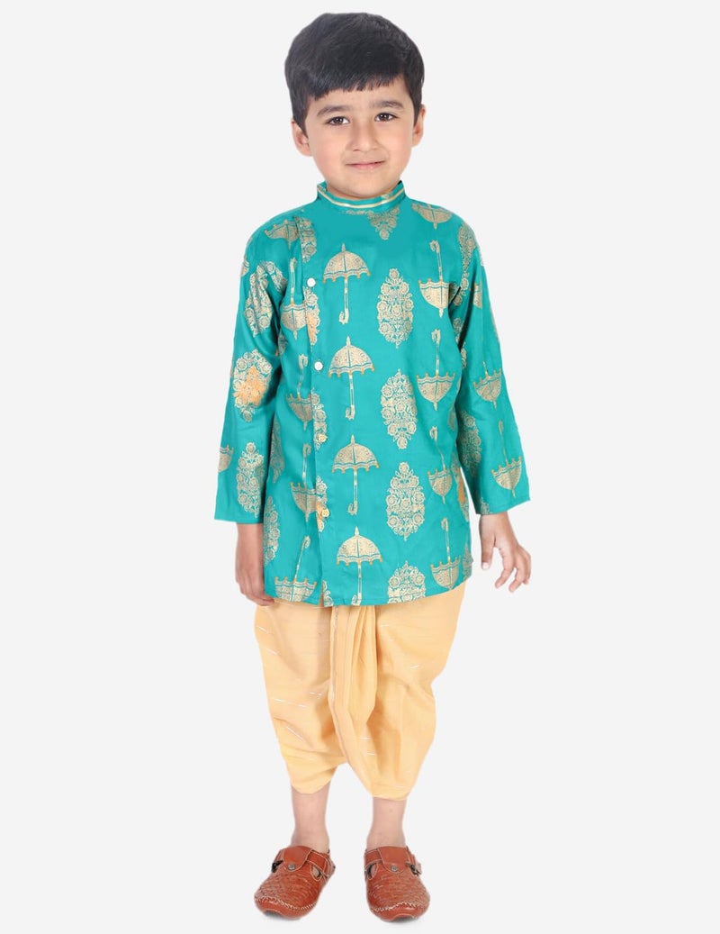 superminis Boy's Golden Foil Printed Side Open Cotton Kurta, Round Collar, Full Sleeves With Cream Color Dhoti, Kurta Set (Green, 12-18 Months) - Image 2