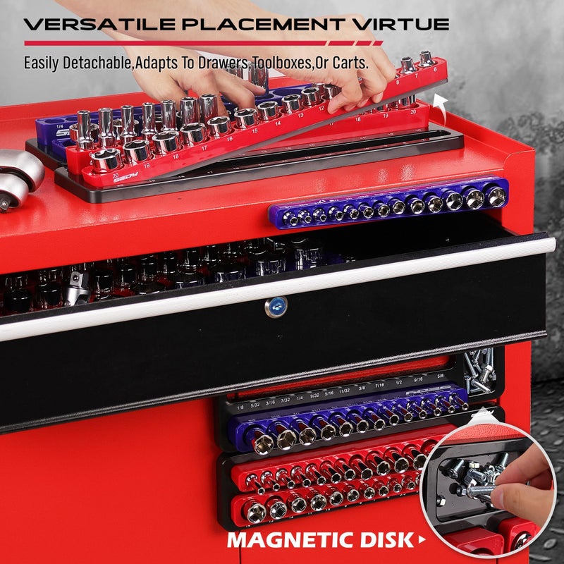 SEDY Magnetic Socket Holder Organizer Set: 6-Piece Detachable 1/2 3/8 1/4 Drive Sockets Storage Tray Magnetic Socket Organizer Tool Box Drawer Tool Box Organizers Storage Metric SAE (Sockets Not Included) - Image 4