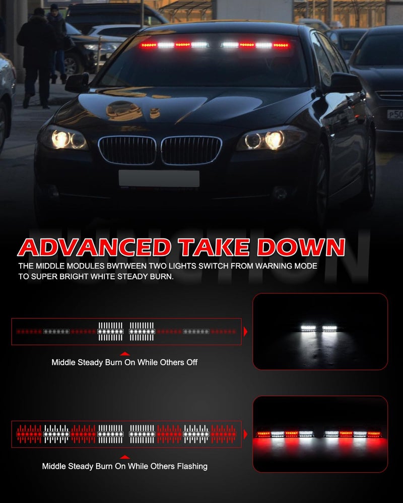HLauto 604N Emergency Dash Strobe Lights: 2x16.8 inch Red White Security Light w/Take Down, 48 LED Safety Flashing Warning Hazard Interior Windshield Light Bar for Trucks Vehicles - Image 4