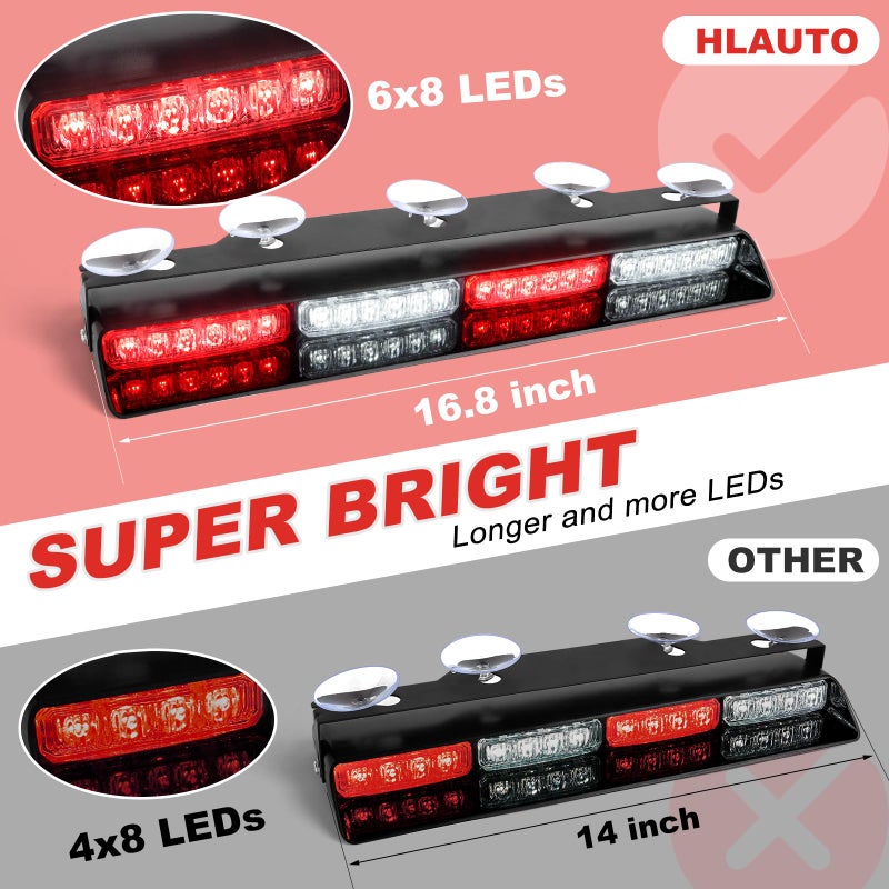 HLauto 604N Emergency Dash Strobe Lights: 2x16.8 inch Red White Security Light w/Take Down, 48 LED Safety Flashing Warning Hazard Interior Windshield Light Bar for Trucks Vehicles - Image 2