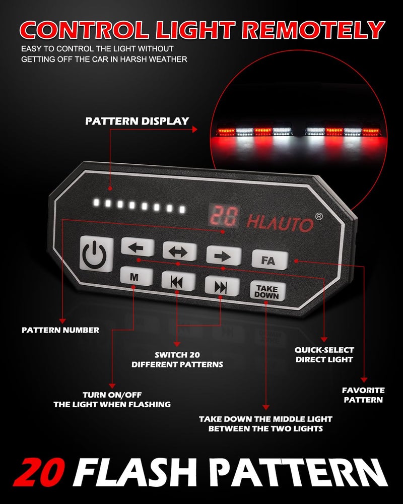 HLauto 604N Emergency Dash Strobe Lights: 2x16.8 inch Red White Security Light w/Take Down, 48 LED Safety Flashing Warning Hazard Interior Windshield Light Bar for Trucks Vehicles - Image 5