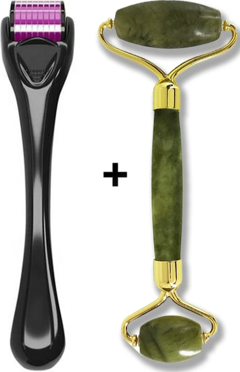 Mobee Dermaroller 0.5 Mm 540 Needle Skin Resurfacing Device + Jade Roller 2-Pack Jade Stone Massage Tool