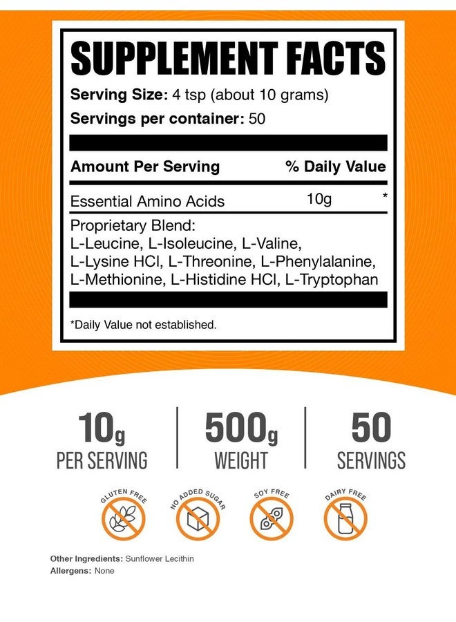بالك سابلمنتس مسحوق الأحماض الأمينية الأساسية من BulkSupplements.com - مكمل غذائي للأحماض الأمينية الأساسية، مسحوق EAA - بدون نكهة وخالي من الغلوتين، 10 غرام لكل حصة، 500 غرام (1.1 رطل) (عبوة من قطعة واحدة) - Image 2
