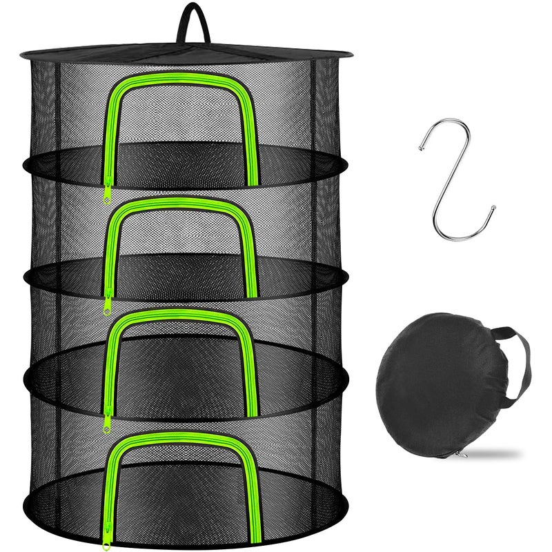 Coopache 4 Layer Herb Drying Rack Hanging Mesh Plant Dry Net Basket for Herbs Plants Flower Vegetables Spices Fish Food with Green Zippers