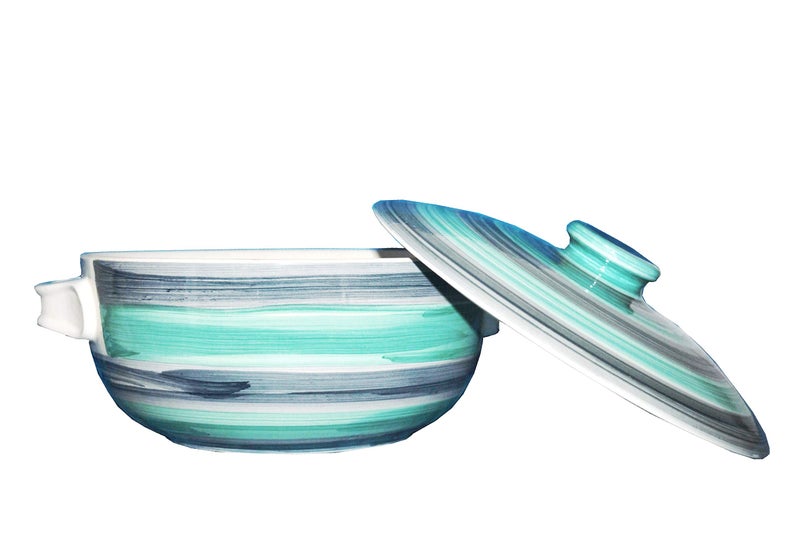 caffeine Ceramic Handmade sea Green Serving Donga with lid (Set of 1) - Image 1