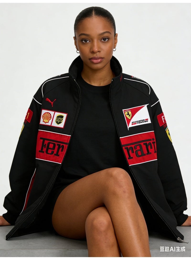 F1 Ferrari x PUMA  Racing Jacket - Shell/UPS Sponsor Badges, Black/Red Color Block, Embroidered Logo, Full-Zip Design, Unisex Motorsport Streetwear  Coat - Image 1