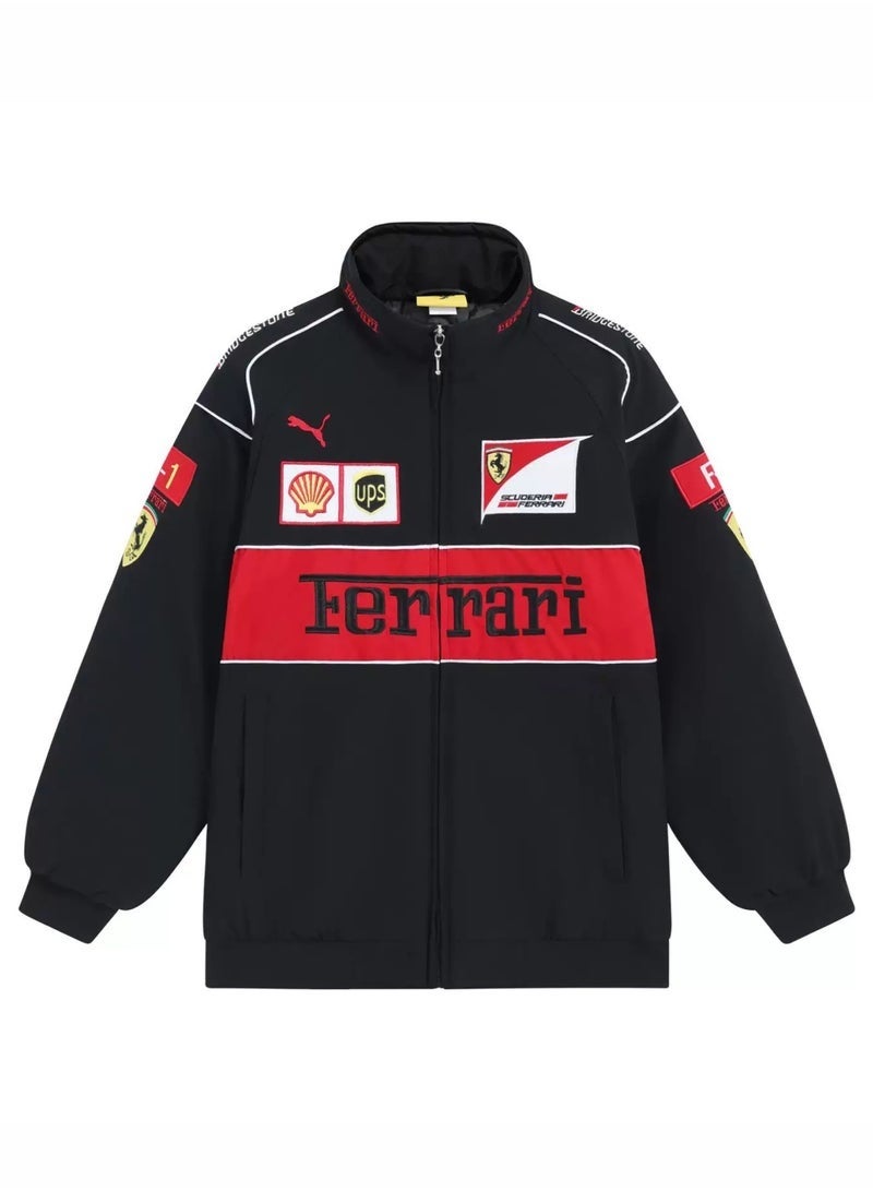 F1 Ferrari x PUMA  Racing Jacket - Shell/UPS Sponsor Badges, Black/Red Color Block, Embroidered Logo, Full-Zip Design, Unisex Motorsport Streetwear  Coat - Image 2