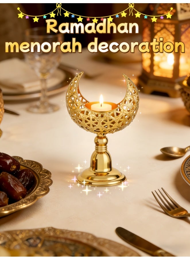 Tealight Holder, Moon Ramadan Decorative, Candle Holder Moon Shape, Gold Lantern Table Decoration, Tealight Holder Metal For Ramadan, Wedding, Living Room Modern Golden Decoration (ZYZT-07B) - Image 1