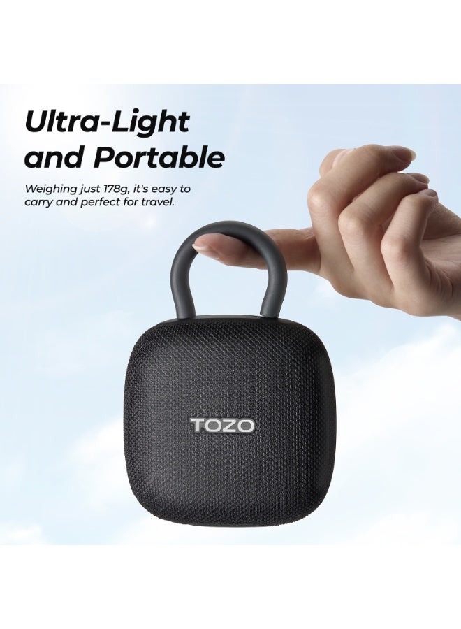 توزو مكبر صوت بلوتوث محمول SoundGo مزود بمشبك كارابين قابل للتعديل، مكبر صوت لاسلكي صغير للاستحمام بتقنية البلوتوث مع مقاومة للماء بمعيار IPX8، يوفر 32 ساعة من التشغيل وصوت باس قوي، مناسب للمنزل والأنشطة الخارجية والسفر، باللون الأسود. - Image 3