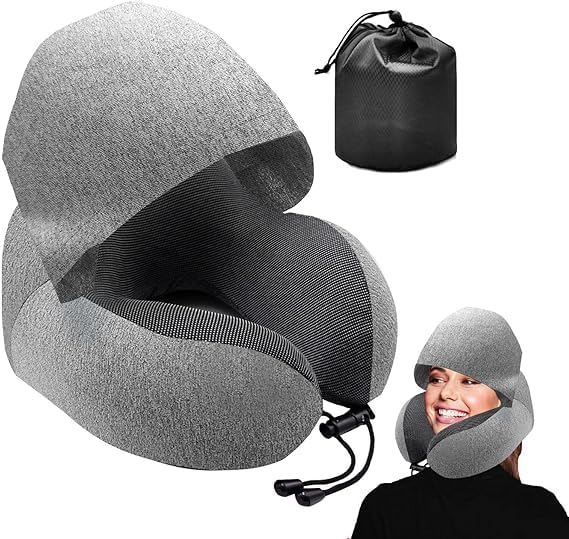 Juflix Juflix Travel Pillow for Neck Memory Foam Hooded Travel Neck Pillow for Adults Comfortable Neck Pillow for Travel with Hoodie Flight Pillow Airplane Pillow Travel Cushion for Plane Car Train  - Image 1