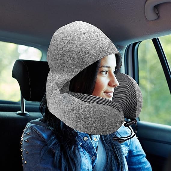 Juflix Juflix Travel Pillow for Neck Memory Foam Hooded Travel Neck Pillow for Adults Comfortable Neck Pillow for Travel with Hoodie Flight Pillow Airplane Pillow Travel Cushion for Plane Car Train  - Image 2
