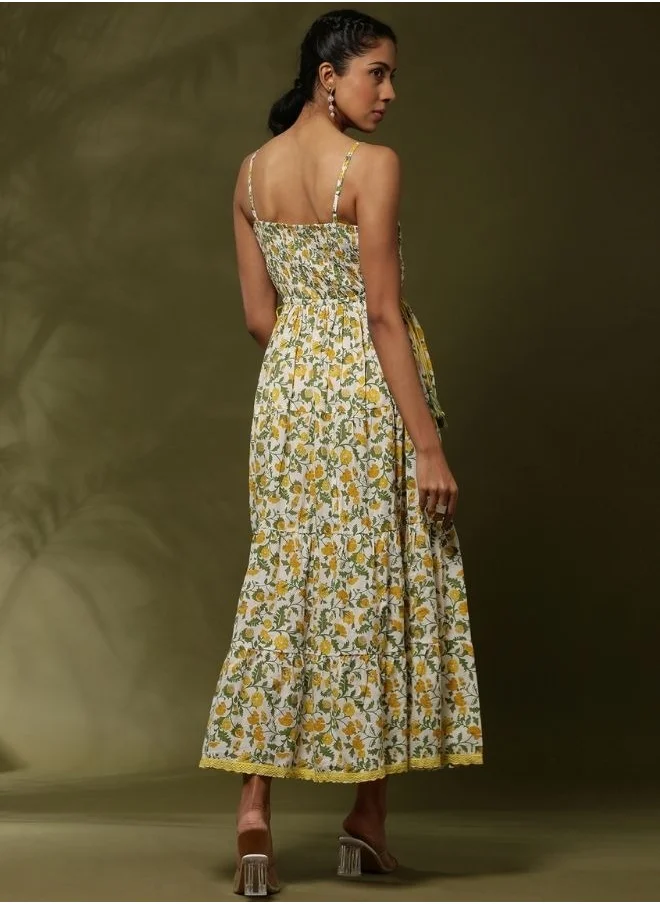 Abhishti Floral printed tier dress with tassels-offwhite