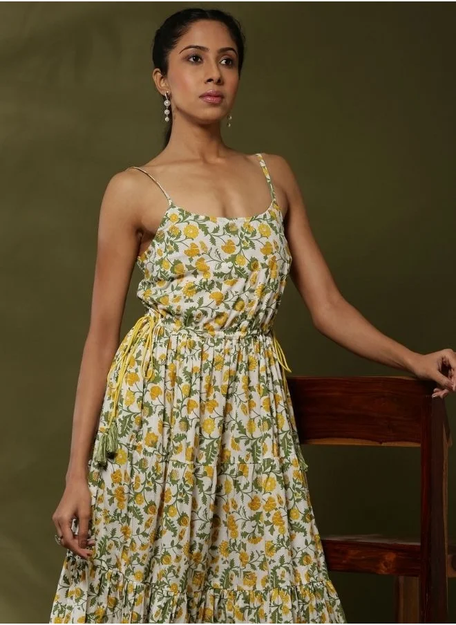 Abhishti Floral printed tier dress with tassels-offwhite