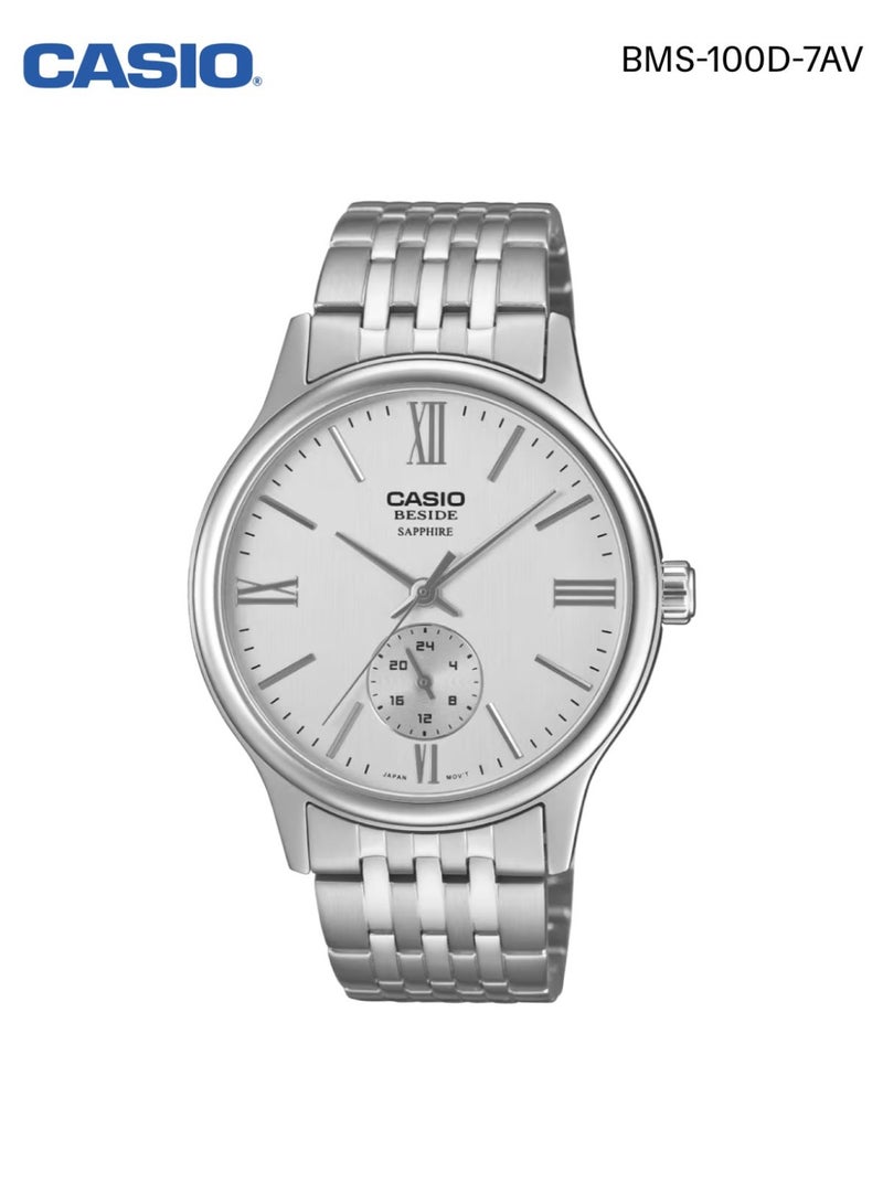 Casio Beside BMS-100D-7AV Analog Watch Sapphire Crystal Stainless Steel Band