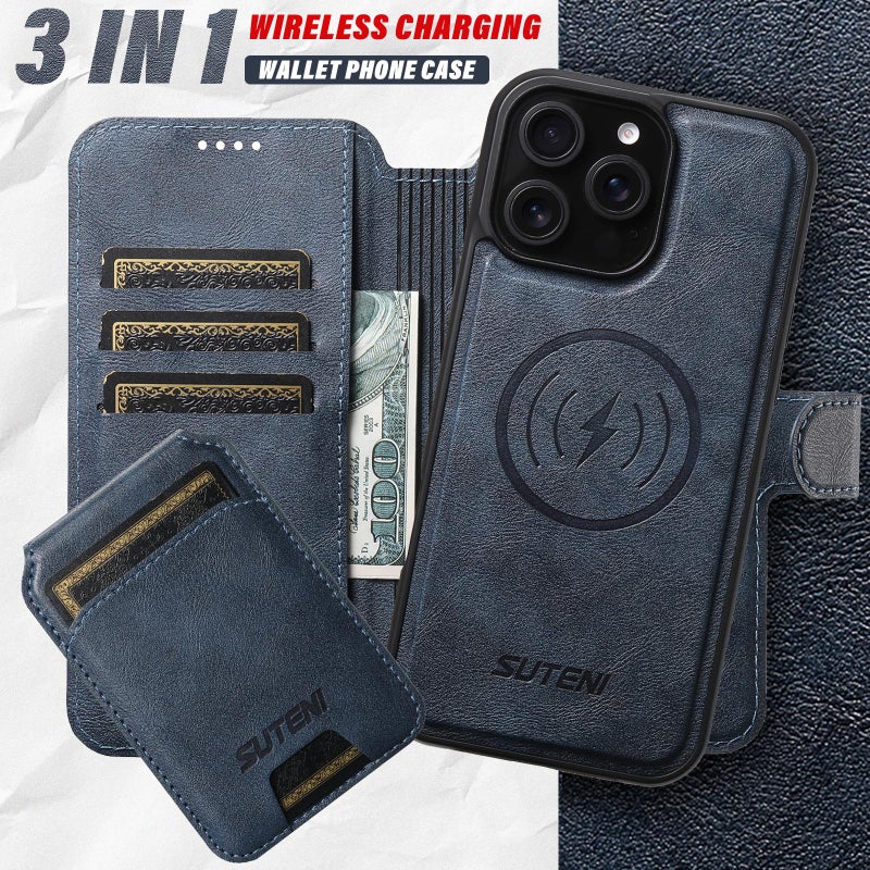 Suteni For Iphone 12 Pro Max Q05S2 3-In-1 Detachable Vertical Flip Wallet Magsafe Leather Phone Case(Blue) - Image 4