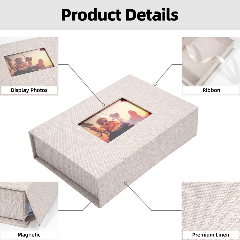 Hiwhy Linen Photo Storage Box, 4 x 6 Inch Memory Keepsake Organizer with Transparent Window, Stylish Photo Box for Storing Pictures, Keepsakes, Postcards, Scrapbooking Supplies, Beige - Image 3