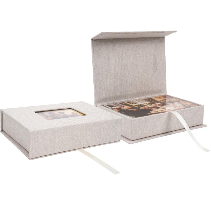 Hiwhy Linen Photo Storage Box, 4 x 6 Inch Memory Keepsake Organizer with Transparent Window, Stylish Photo Box for Storing Pictures, Keepsakes, Postcards, Scrapbooking Supplies, Beige - Image 1