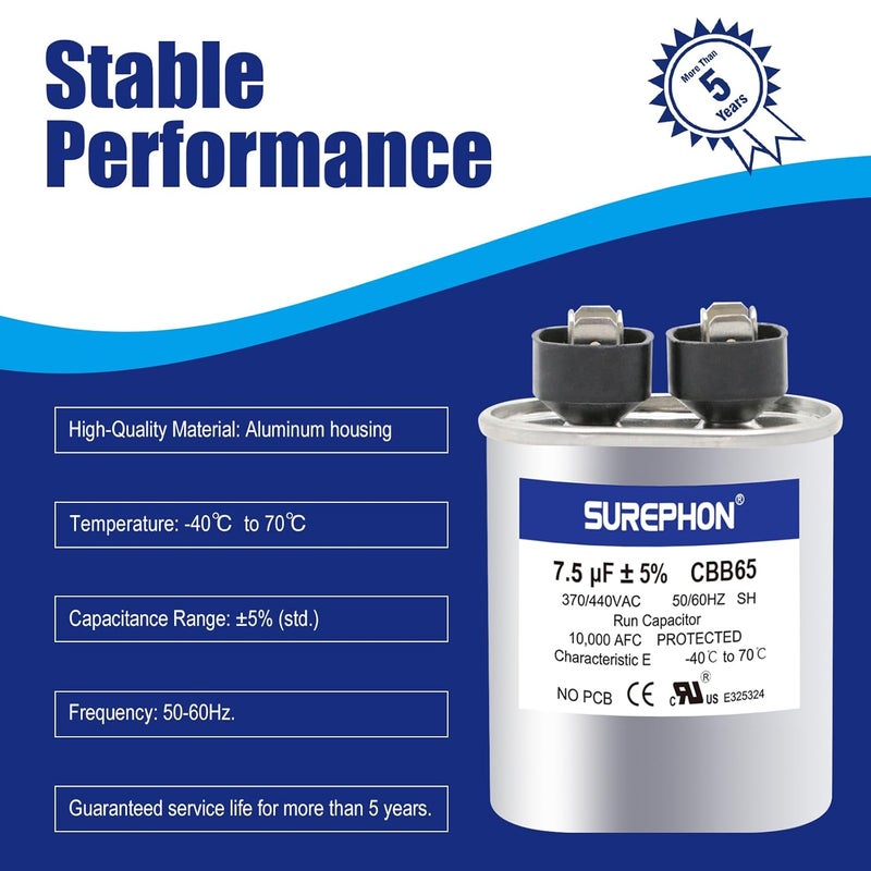 SUREPHON 7.5 Mfd Capacitor 370V/440V Oval Run Start Capacitor for AC Motor Run or Fan Start and Cool or Heat Pump Air Conditioner - Image 3