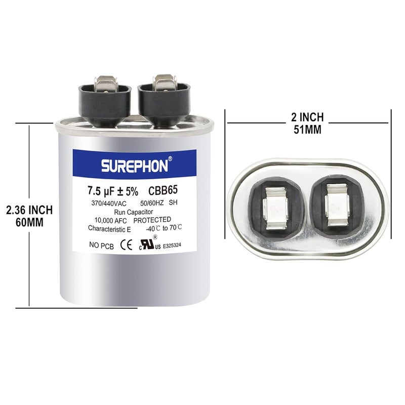 SUREPHON 7.5 Mfd Capacitor 370V/440V Oval Run Start Capacitor for AC Motor Run or Fan Start and Cool or Heat Pump Air Conditioner - Image 2