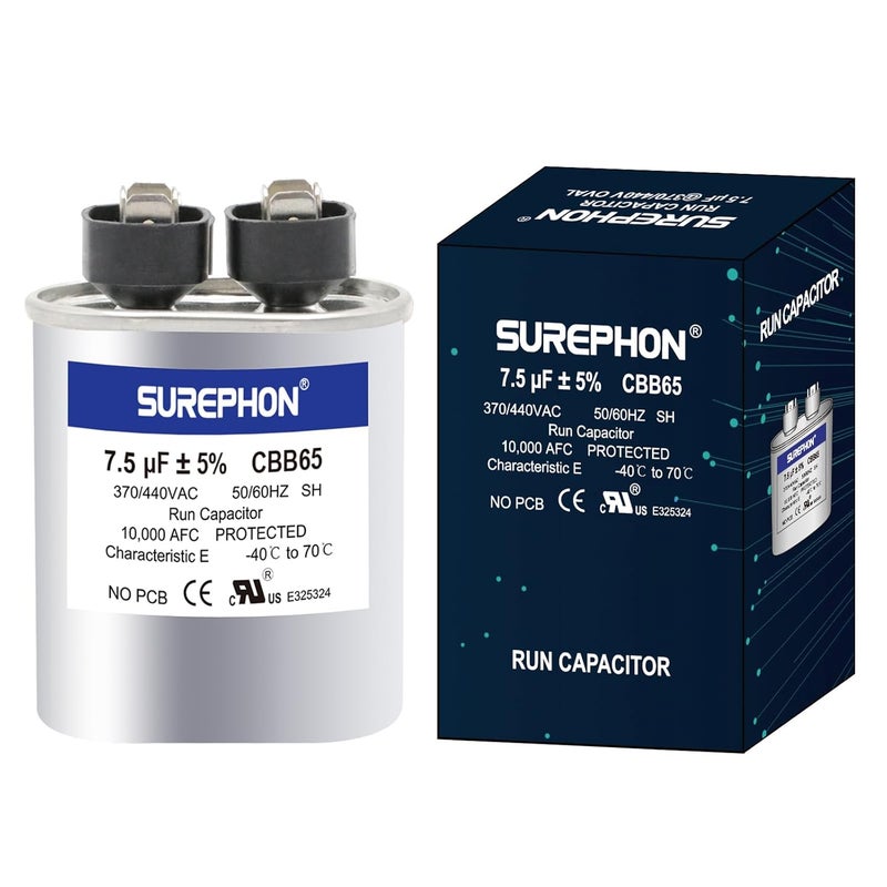 SUREPHON 7.5 Mfd Capacitor 370V/440V Oval Run Start Capacitor for AC Motor Run or Fan Start and Cool or Heat Pump Air Conditioner - Image 1