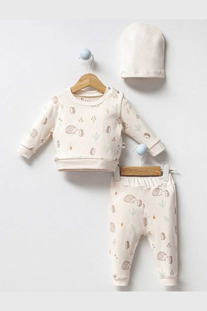 Modam Bebek By Bubbles Hedgehog Shoulder Placket Long Sleeve Hat 3-Piece Baby Set