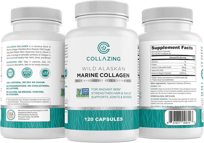 C COLLAZING Alaskan WildCaught Marine Collagen Peptides with Hyaluronic Acid  Vitamin C  Supports Skin Hair Nails Joints  Bones  Type 1  3 Collagen for Women  Men  120 Powder Capsules - Image 1