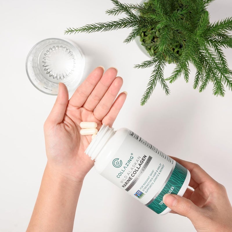 C COLLAZING Alaskan WildCaught Marine Collagen Peptides with Hyaluronic Acid  Vitamin C  Supports Skin Hair Nails Joints  Bones  Type 1  3 Collagen for Women  Men  120 Powder Capsules - Image 2
