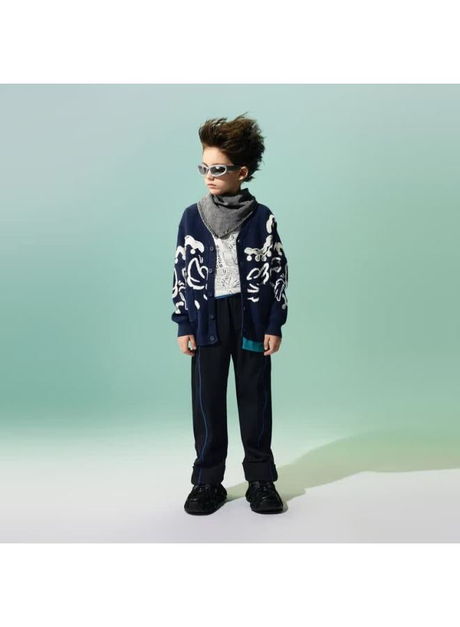 Mqd Children's Sweater Autumn New Boys Jacquard Versatile National Style Sweater Navy Blue 160 - Image 2