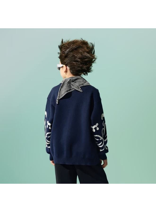 Mqd Children's Sweater Autumn New Boys Jacquard Versatile National Style Sweater Navy Blue 160 - Image 3