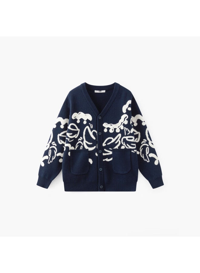 Mqd Children's Sweater Autumn New Boys Jacquard Versatile National Style Sweater Navy Blue 160 - Image 4