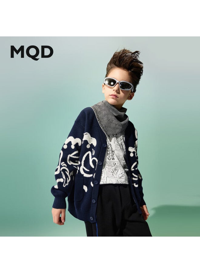 Mqd Children's Sweater Autumn New Boys Jacquard Versatile National Style Sweater Navy Blue 160 - Image 1