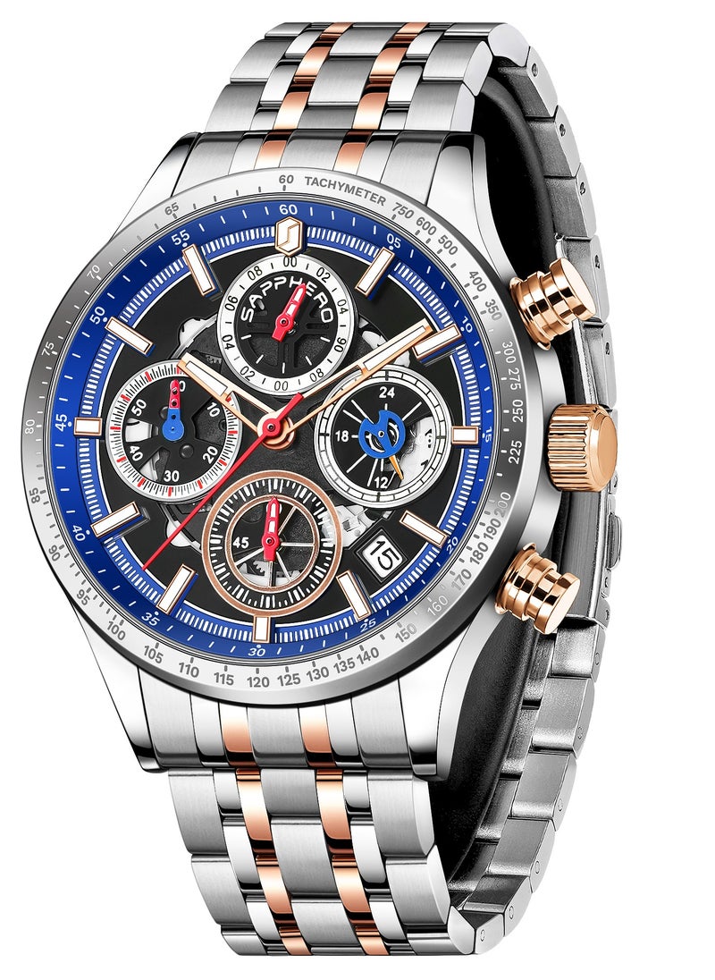 Sapphero - Watch for Men Stainless Steel Mens Watches Waterproof Chronograph Quartz Movement Wrist Watch Gifts for Men - Image 1