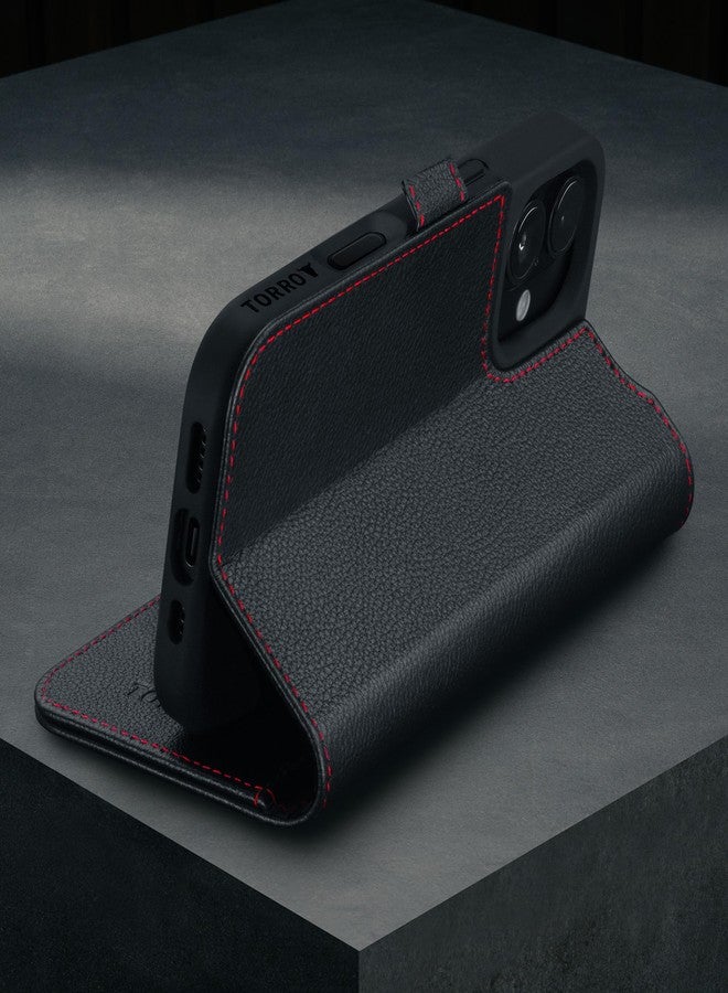 TORRO Case Compatible with iPhone 16 - Genuine Leather Case with Stand Function and Card Slots (Compatible with Official MagSafe Chargers) - Black - Image 3