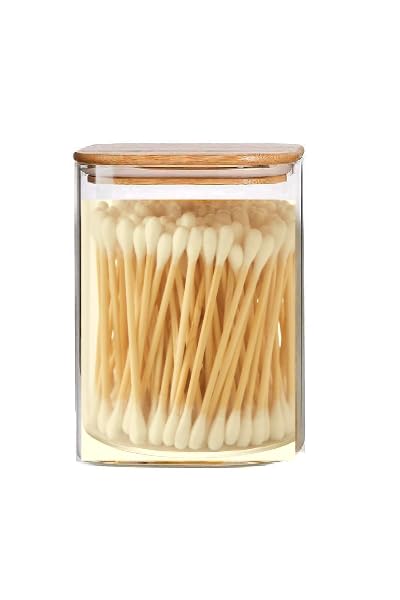 EZALLA 2 Pcs Squere Shape Glass Qtip Holder with Wood Lids 16 oz Apothecary Jars Cotton Swabs Dispenser Cotton Pads Canister for Bathroom Storage Organizer - Image 1
