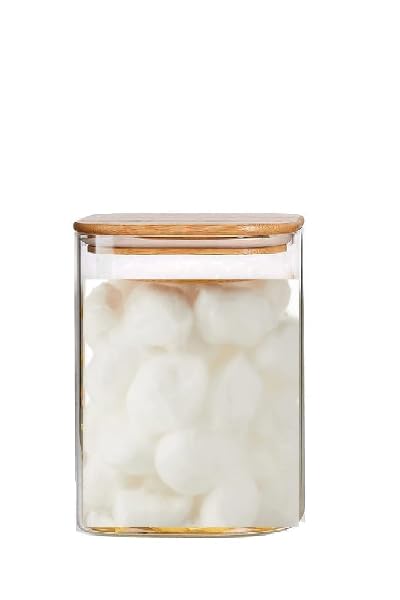 EZALLA 2 Pcs Squere Shape Glass Qtip Holder with Wood Lids 16 oz Apothecary Jars Cotton Swabs Dispenser Cotton Pads Canister for Bathroom Storage Organizer - Image 2