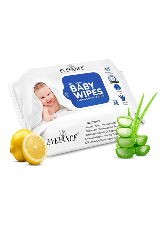 EVELANCE Soft Cleansing Baby Wet Wipes (Pack of 1) 72 Wipes, Daily Use Wipe Enriched with Glycerine, Aloe Vera, Lemon, 98% Water, For New Born Babies and Kids - Image 1