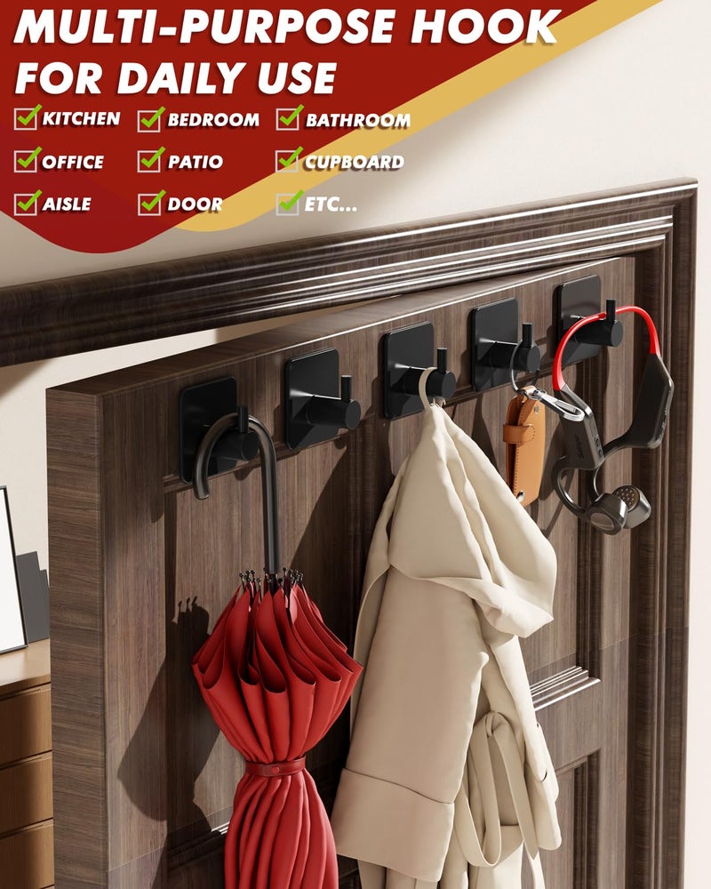 Auxmir Adhesive Hooks Heavy Duty 30lb(Max) Wall Hooks, 5 Pack Self Adhesive Damage Free Towel Rack, Stainless Steel for Coat Robe, Waterproof Oilproof Rustproof for Bathroom Shower Kitchen Office - Image 5