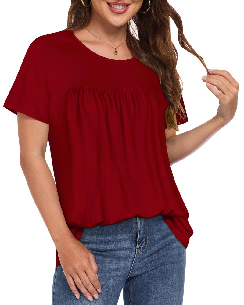 CHICGAL Womens T Shirts Short Sleeve Tops Casual Pleated Front Blouses Flowy Scooped Neck Summer Outfits(Solid red,XL) - Image 5