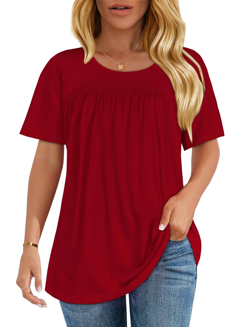 CHICGAL Womens T Shirts Short Sleeve Tops Casual Pleated Front Blouses Flowy Scooped Neck Summer Outfits(Solid red,XL) - Image 1