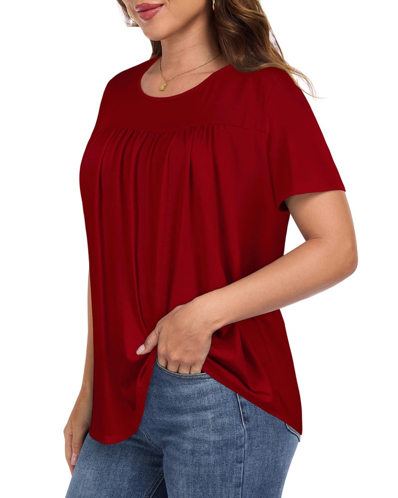 CHICGAL Womens T Shirts Short Sleeve Tops Casual Pleated Front Blouses Flowy Scooped Neck Summer Outfits(Solid red,XL) - Image 4
