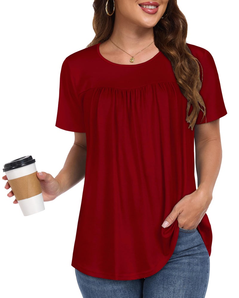 CHICGAL Womens T Shirts Short Sleeve Tops Casual Pleated Front Blouses Flowy Scooped Neck Summer Outfits(Solid red,XL) - Image 3