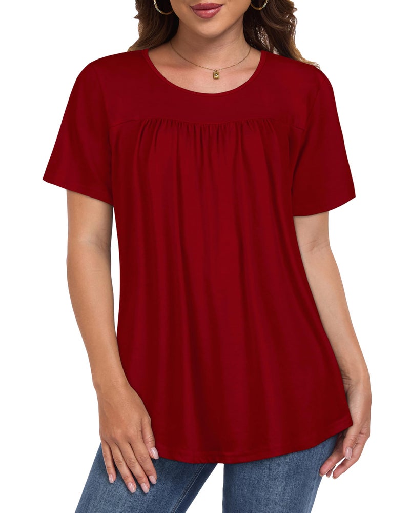 CHICGAL Womens T Shirts Short Sleeve Tops Casual Pleated Front Blouses Flowy Scooped Neck Summer Outfits(Solid red,XL) - Image 2