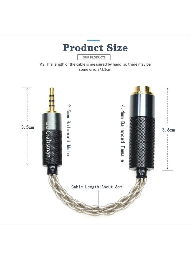GUCraftsman 2.5mm Balanced Male to 4.4mm Balanced Female Portable Headphone Adapter Cable 6N Single Crystal Silver Headphone Jack Convert Cable for Audio Players with 2.5mm Balanced Ports - Image 3