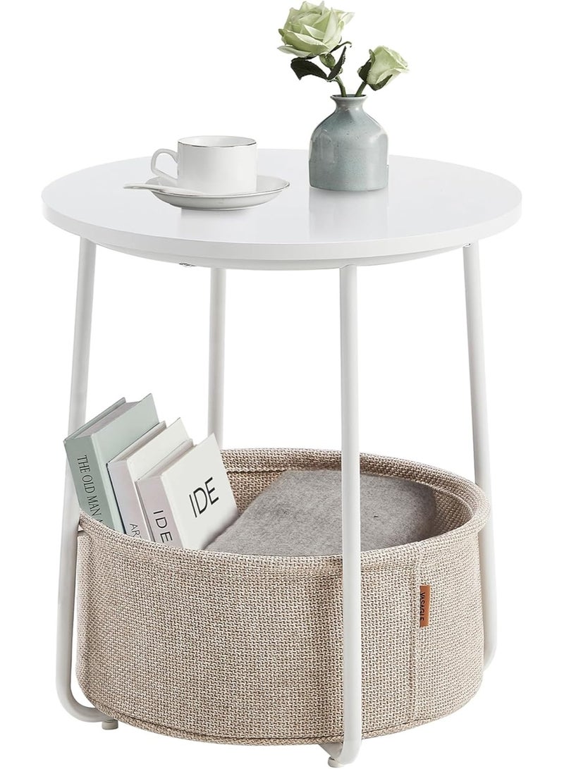 Beauenty Round Side Table, Small Coffee Table, Living Room Table with Fabric Basket, Storage Space for Living Room, Bedroom, Bedside Table, Modern, White/Beige - Image 1