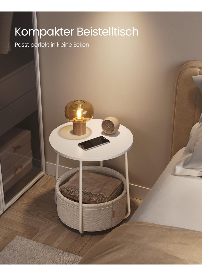 Beauenty Round Side Table, Small Coffee Table, Living Room Table with Fabric Basket, Storage Space for Living Room, Bedroom, Bedside Table, Modern, White/Beige - Image 5