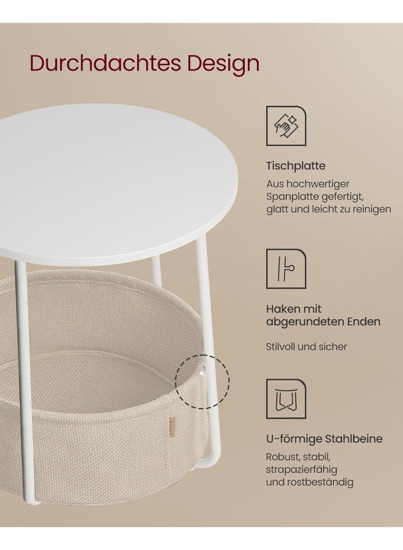 Beauenty Round Side Table, Small Coffee Table, Living Room Table with Fabric Basket, Storage Space for Living Room, Bedroom, Bedside Table, Modern, White/Beige - Image 4