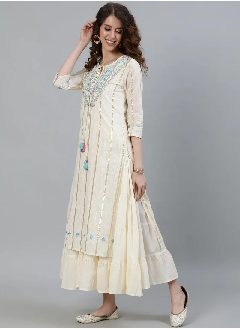 ISHIN Regular Fit Embellished Pattern Round Neck Neck Three-Quarter Sleeve Off White Colour Knitted Cotton Kurtis for Women - Designed with Style and Comfort