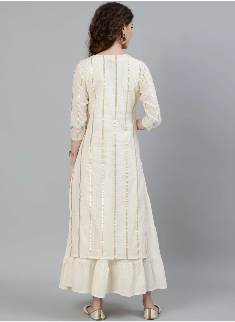 ISHIN Regular Fit Embellished Pattern Round Neck Neck Three-Quarter Sleeve Off White Colour Knitted Cotton Kurtis for Women - Designed with Style and Comfort